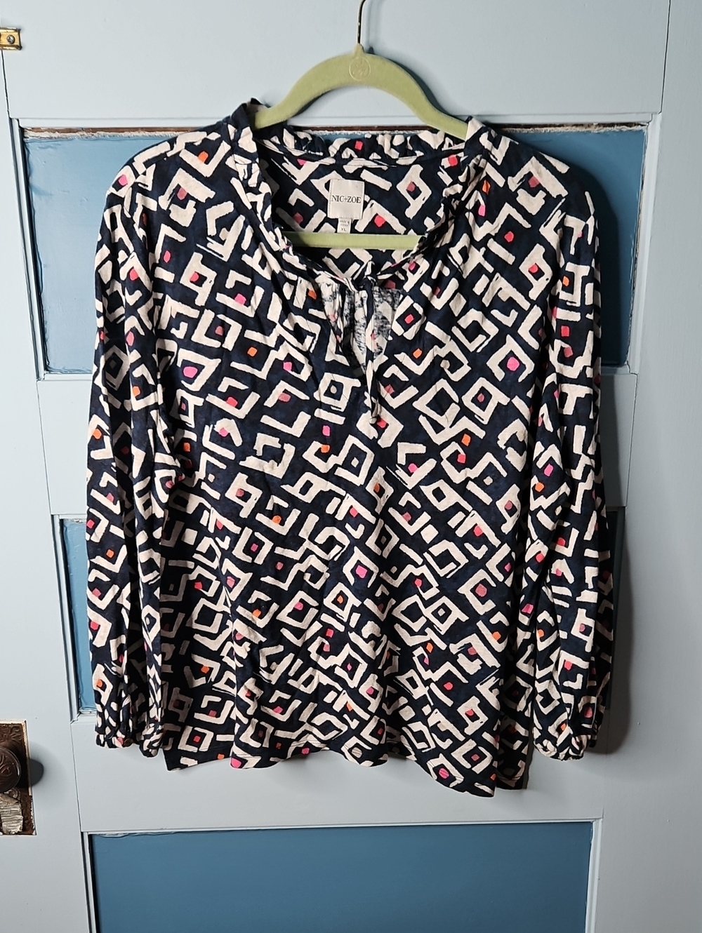 NIC+ZOE Navy Geometric Tie-Front Blouse with Pink & Orange Accents XL